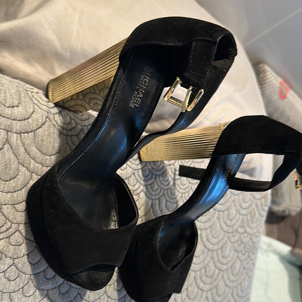 Michael Kors Black and Gold Heels with Open-Toe Design